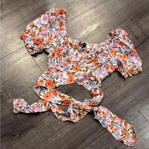 Floral Puff Sleeve Blouse - Orange and Purple